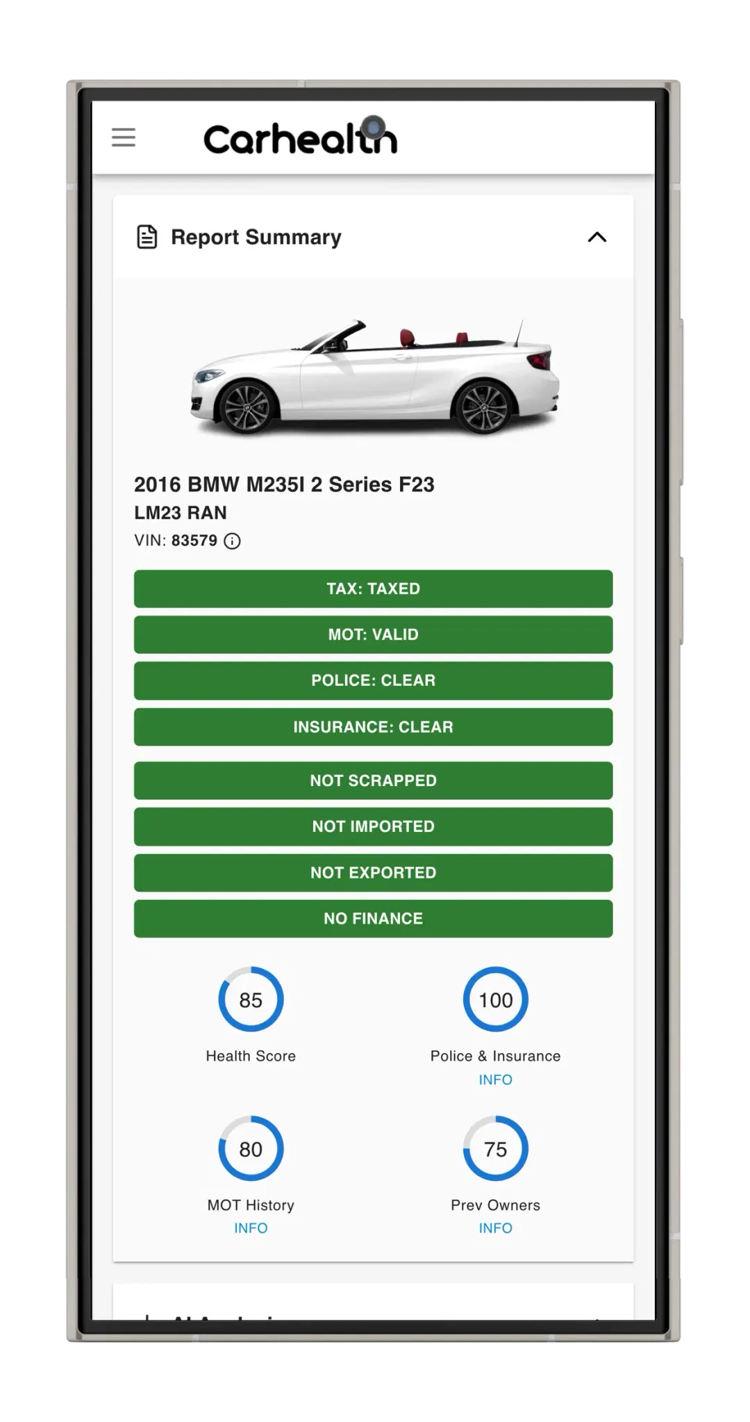 Carhealth vehicle history report — sample showing TAX, MOT, finance and write-off checks for a 2016 BMW M235i