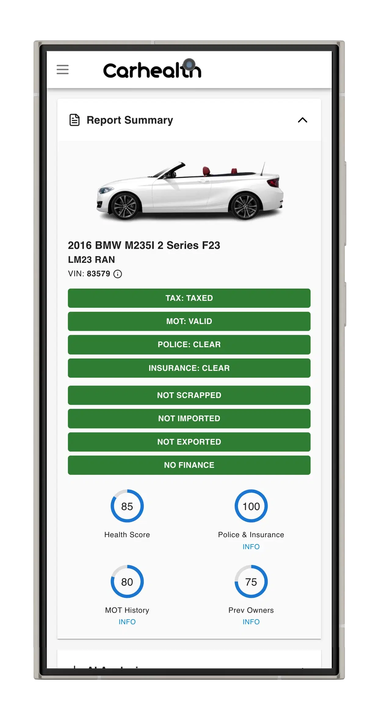 Carhealth vehicle history report — sample showing TAX, MOT, finance and write-off checks for a 2016 BMW M235i