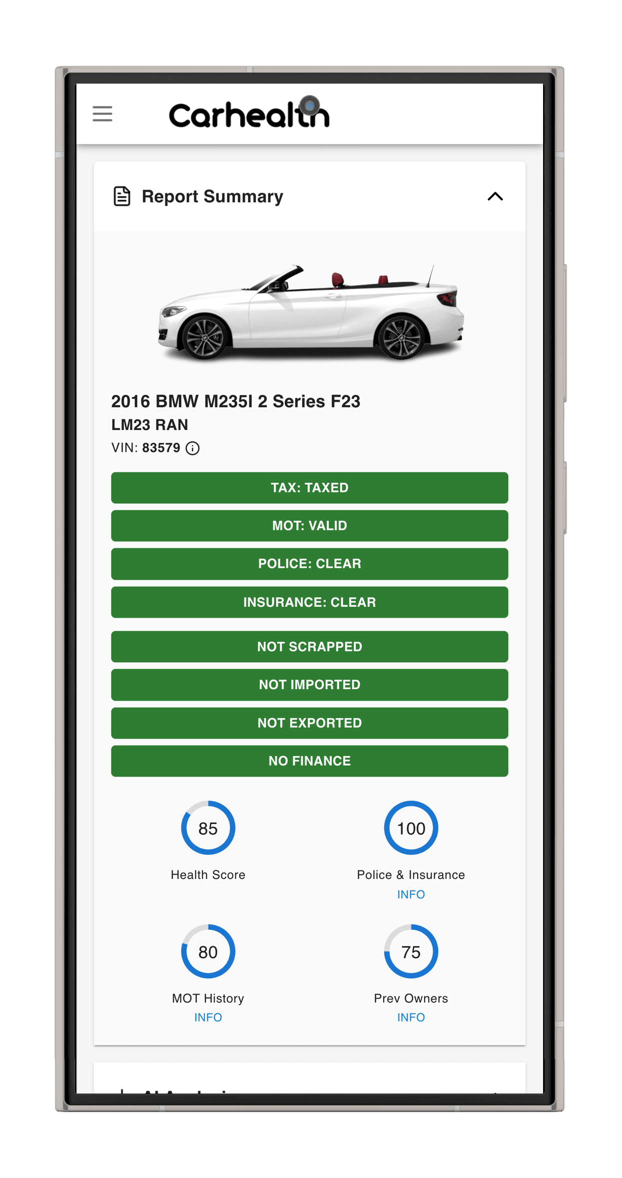 Vehicle history report overview mockup showing key vehicle details, registration information, and quick summary of checks